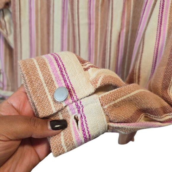 Roxy Sunlight Rider Hooded Shirt Jacket Women's XS Brown Pink Stripe Beach Boho - Picture 6 of 7